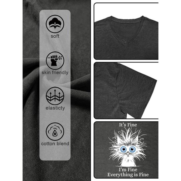 Women's Cotton Blend V Neck T-Shirt Cute Cat Graphic Short Sleeve Casual Top - Picture 4 of 4